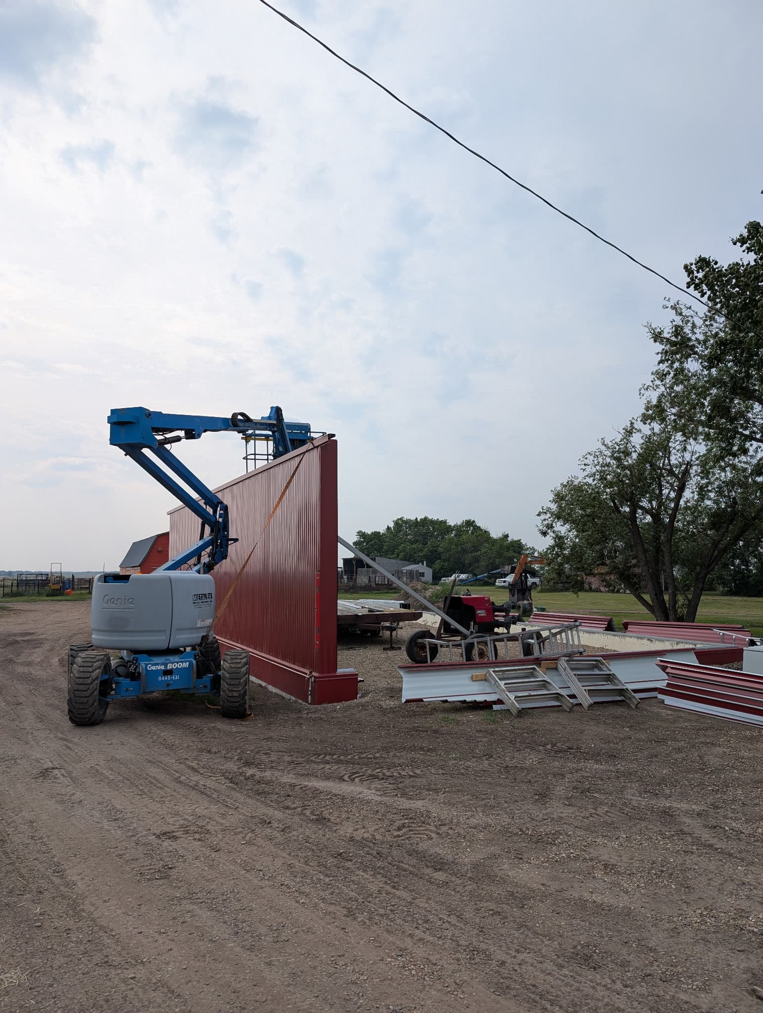 Interior of a self-framing steel building during construction