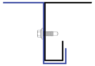 Close-up of the fastened interlock joint where a screw ties two nested panel ribs together